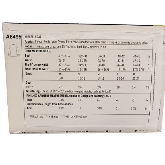 Simplicity A8495 Sewing Pattern Coat Asymmetrical Closure Misses Sz XS-XL UNCUT - Picture 2 of 5